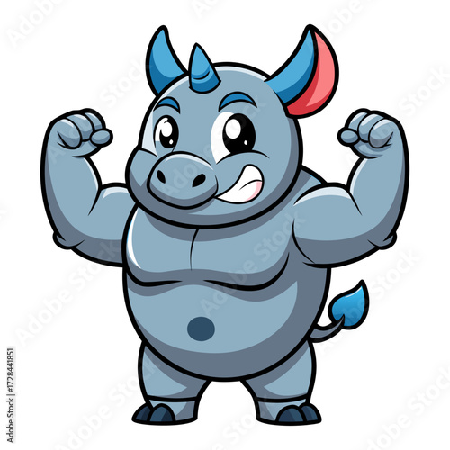 A cute, chubby cartoon Rhinoceros is posing with muscles