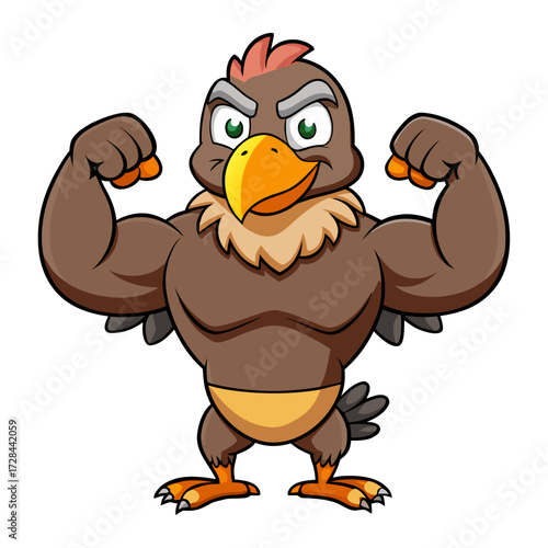 A cute, chubby cartoon Vulture is posing with muscles