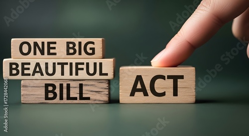 Finger pushing wooden block act to join one big beautiful bill stack