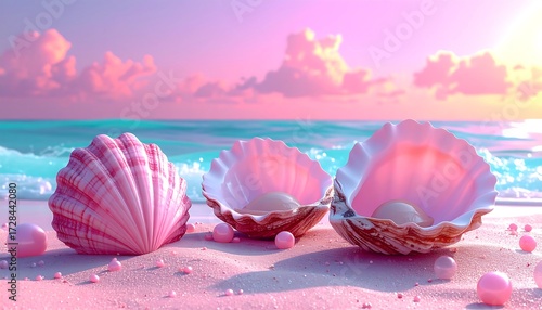 Pink seashells on a pink beach at sunrise