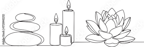 Line art of stacked stones, candles, and lotus flower