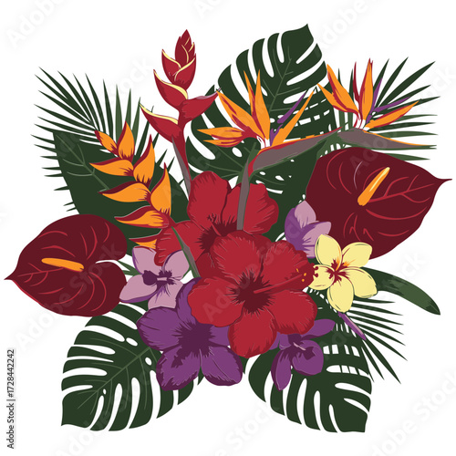 Tropical flower bouquet display with vibrant colors and lush foliage. Intricate details and rich hues create a dynamic composition for a nature-inspired background image.