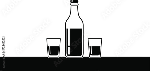 Black and white illustration of a bottle and two glasses isolated on white background drink concept