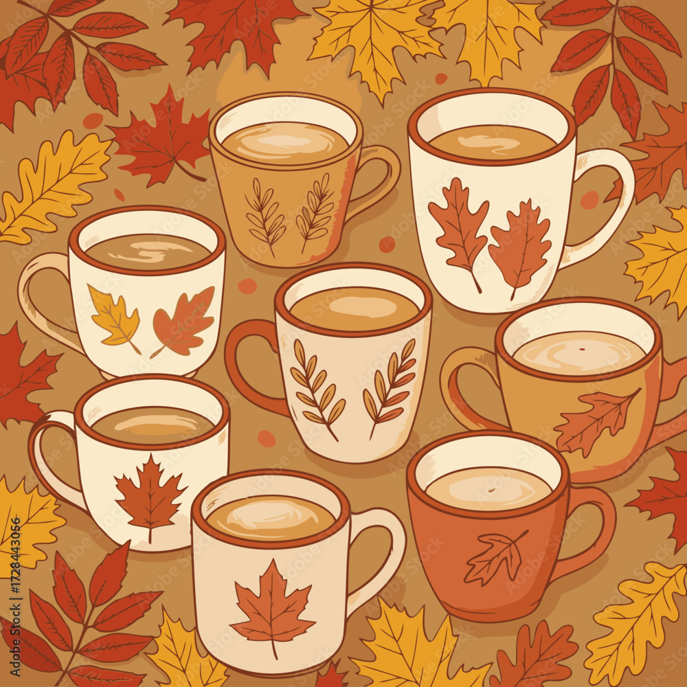 Obraz premium Autumnal coffee mugs with decorative leaves displayed on a neutral backdrop. Warm, inviting autumnal beverage with leaf patterns.
