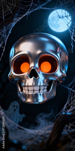 Wallpaper Mural Cartoon-style 3D shiny metallic skull with spooky cobweb backdrop under full moon Halloween icon Torontodigital.ca