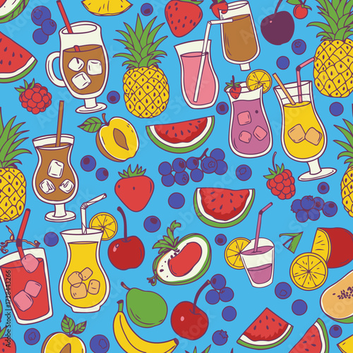 Fruit smoothie drinks and fresh fruits in a vibrant summer pattern. Colorful, hand-drawn illustration of various juices in glasses with assorted fruits and berries.