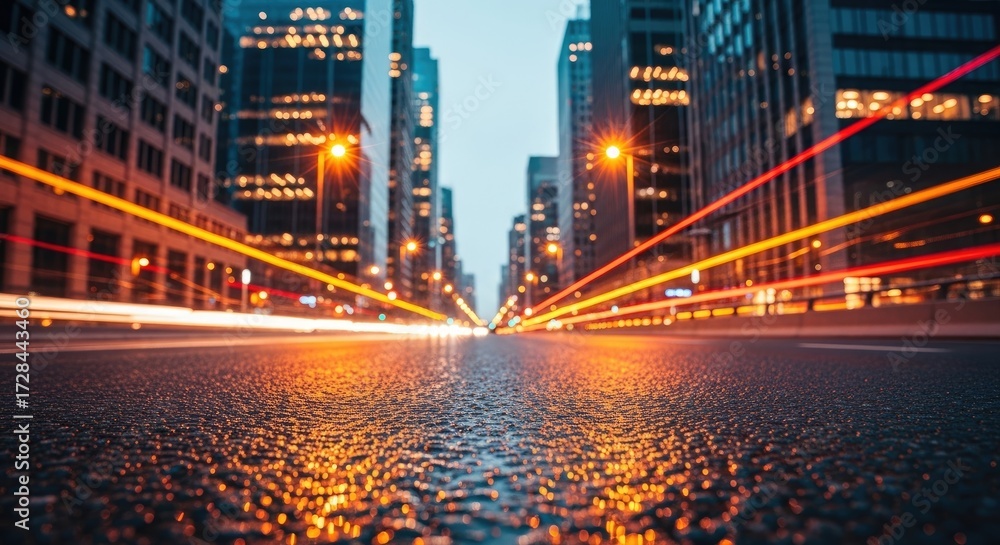 Obraz premium Dynamic Urban Night Cityscape with Speeding Light Trails