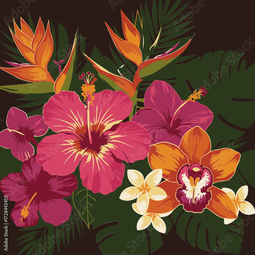 Tropical flower bouquet with vibrant colors in a lush, dark background. Colorful hibiscus, orchids, and exotic birds of paradise in a lush, dark setting.
