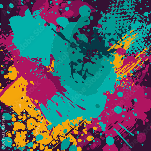 Abstract vibrant paint splatter design with bold colors. Dynamic splashes and streaks in a colorful pattern with no specific location or setting.