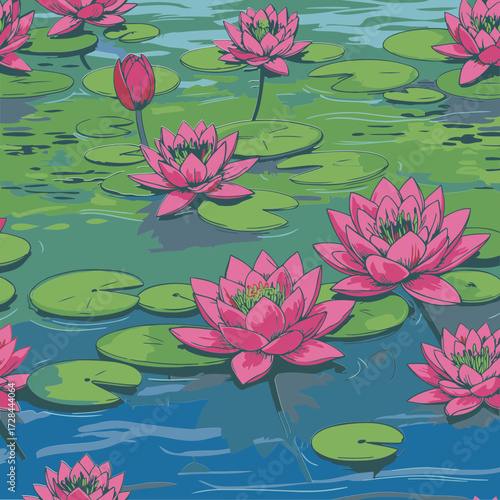 Pink lotus flowers in a pond with lush greenery and water reflections. Detailed illustration of aquatic plants in a tranquil, serene setting.