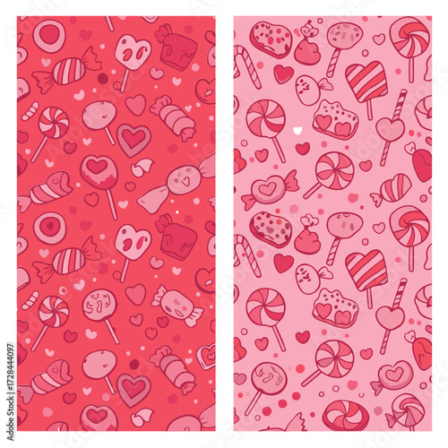 Valentine's Day candy pattern with varying shades of pink and red. Charming, whimsical design features various types of candy and sweets against a backdrop of scattered hearts.