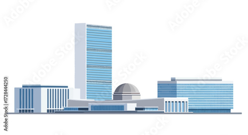 An illustration of a modern international building complex with a tall skyscraper and a domed structure, resembling the United Nations Headquarters.