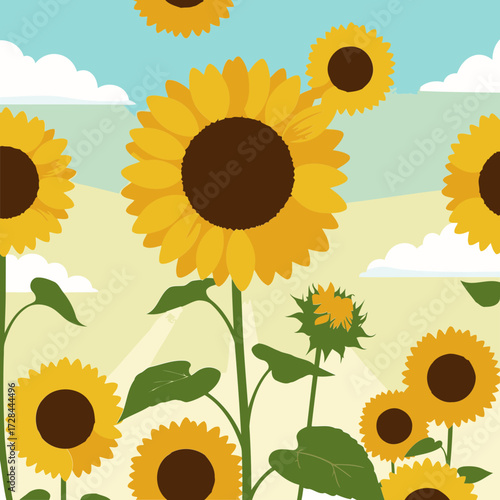 Sunflowers in a field with a pastel sky background. Many sunflowers with varying stages of bloom are depicted with a sunny, summery atmosphere. Nature scene.