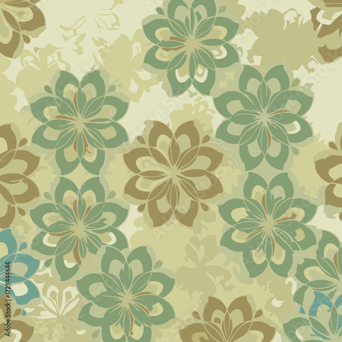 Abstract floral pattern with muted tones of green, brown, and beige. Delicate, stylized flowers in a repeating design create a soft, natural backdrop.