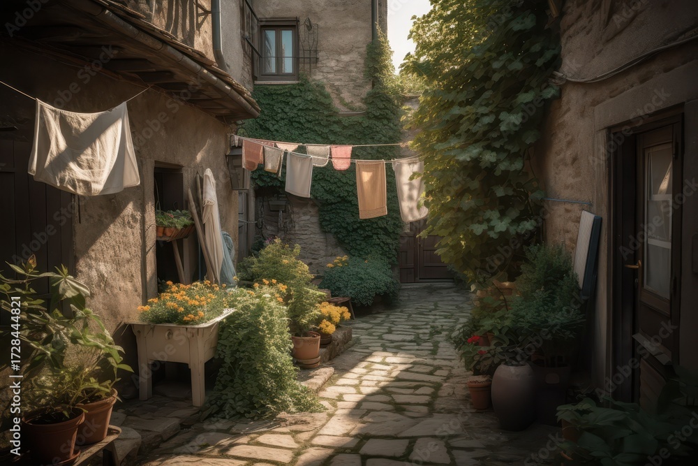 Naklejka premium Sun-Drenched Courtyard - Laundry Drying in a Historic European Alleyway.