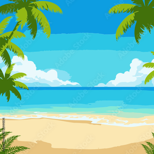 Tropical beach scene with palm trees and calm ocean. Peaceful vista with gentle waves lapping at the shore. Vacation destination illustration. idyllic beach.