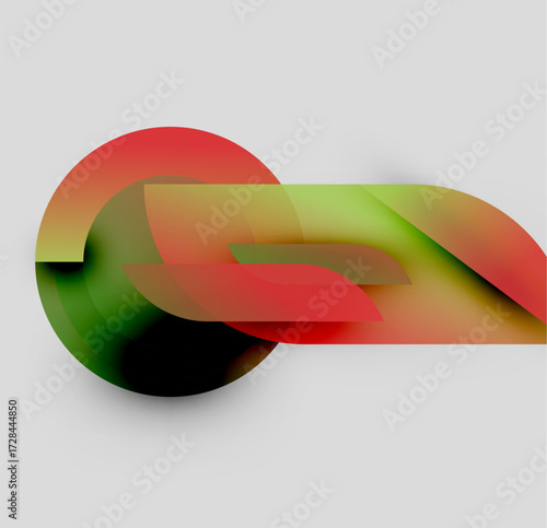 Abstract shapes overlap, creating vibrant color gradients. Red, green, yellow hues blend smoothly. Minimalist design on light gray background.