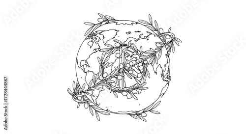 Illustration of the Earth encircled by olive branches, symbolizing peace and global connection.