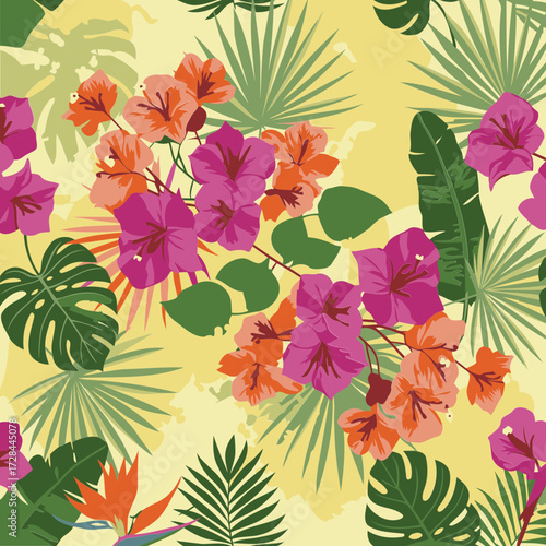 Tropical flower and leaf pattern on a light yellow background. Vibrant pink and orange blossoms with lush green foliage and tropical leaves.
