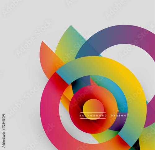 Colorful overlapping circles create dynamic abstract composition. Gradient hues blend, forming vibrant visual effect. Modern design element.