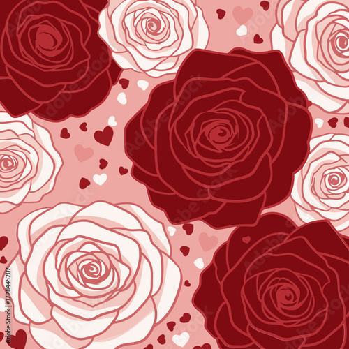 Red and white rose pattern with scattered hearts on a light pink background. Elegant floral design with romantic accents.