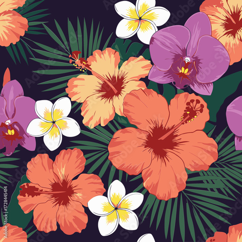 Tropical flower pattern with vibrant colors and dark background.