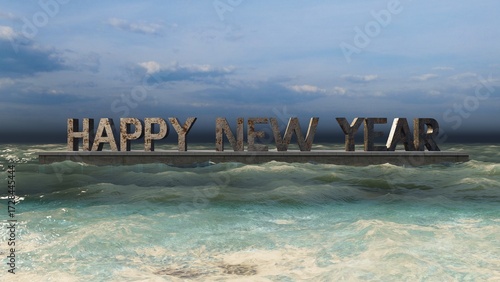 Happy New Year Text on Ocean Waves