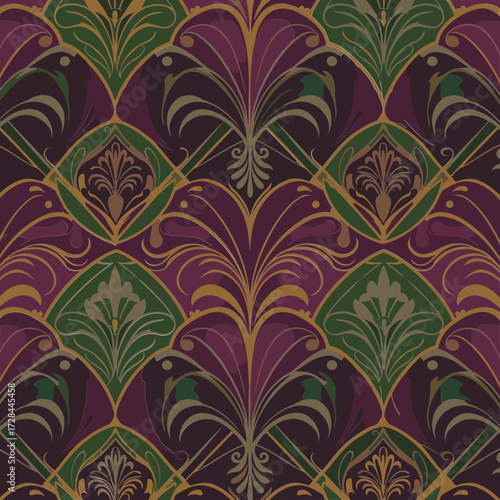 Purple and green art deco floral pattern with gold accents. Seamless repeating design with decorative flourishes.