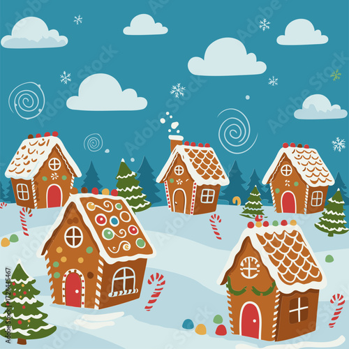 Gingerbread house village scene on a snowy landscape with Christmas decorations. Cute, whimsical scene with multiple gingerbread houses decorated with icing, candy canes, and colorful candies.