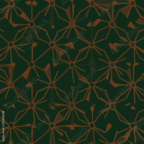 Abstract geometric pattern in dark green and burnt orange. Intricate, repeating design with a stellate, radiating motif.