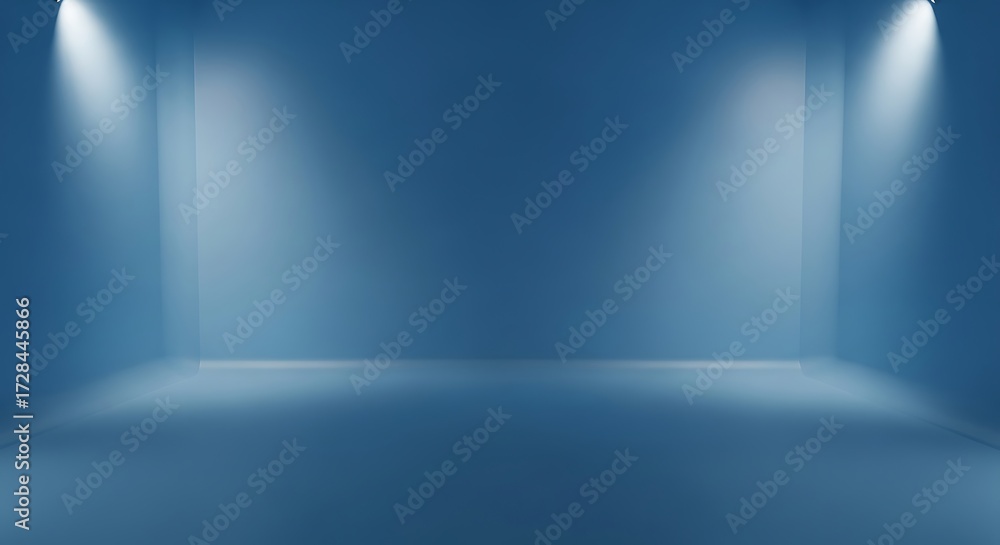 Obraz premium Empty blue studio with spotlights illuminating the corners and floor