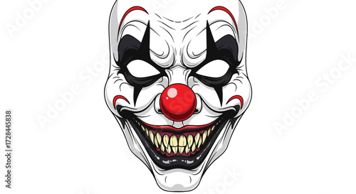An illustration of a terrifying evil clown face with a menacing grin and sharp teeth on a white background.