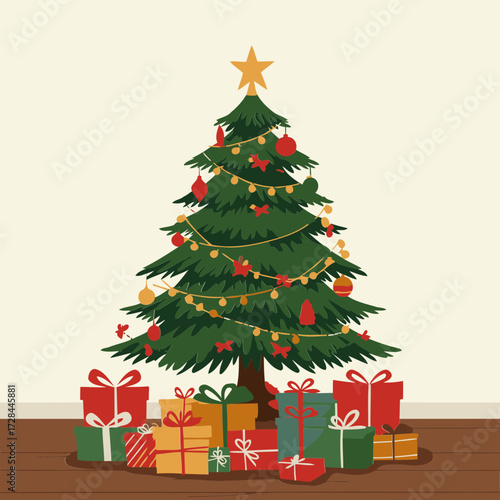 Christmas tree decorated with ornaments and lights, surrounded by gifts, in a simple room setting.