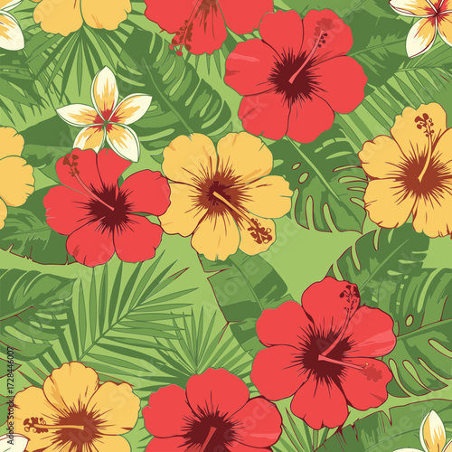 Tropical flower and leaf pattern design. Colorful hibiscus, plumeria, and lush tropical leaves arranged in a seamless pattern on a light-green background.