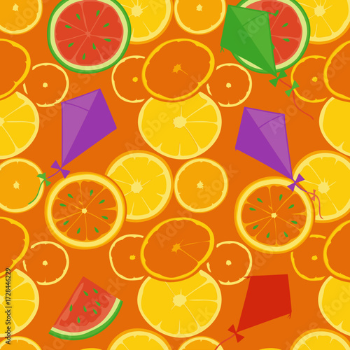 Fruit slices with kites in a summer pattern. Colorful fruit slices and kites create a vibrant summer theme. No demographic details or professional role are applicable.