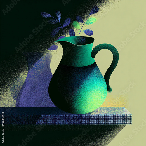 Pitcher - A curved vessel with a spout on a shelf