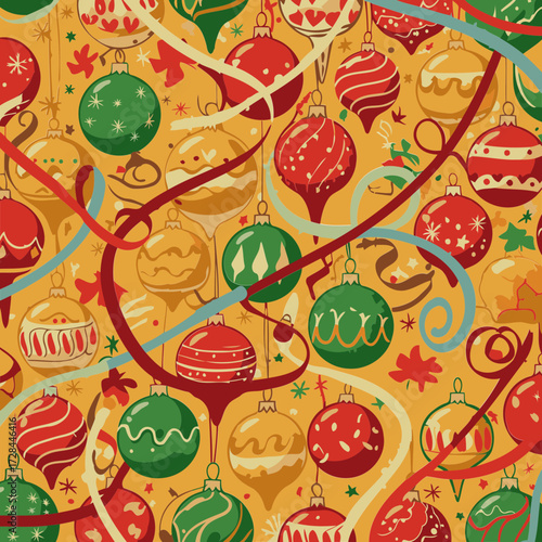 Christmas ornament pattern with vintage style on a gold background. Colorful Christmas ornaments in various designs hang on ribbons against a gold background with decorative elements.