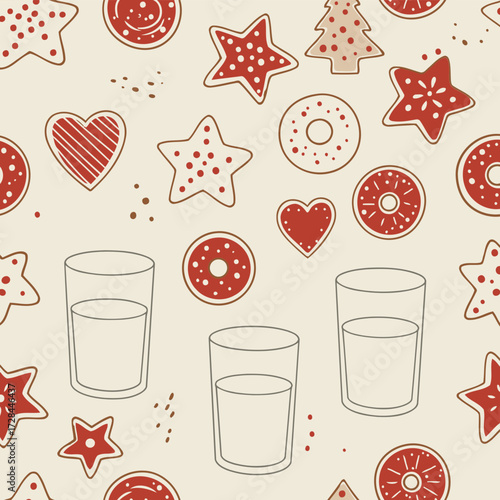 Christmas gingerbread cookies and milk pattern with neutral background. Various shapes of cookies and glasses of milk are repeated in a festive, celebratory pattern.