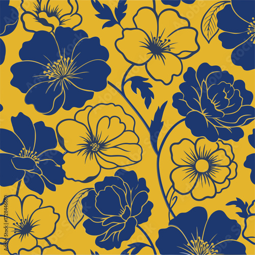 Floral pattern with navy blue flowers on a mustard yellow background. Elegant design for textile, wallpaper or digital print use.