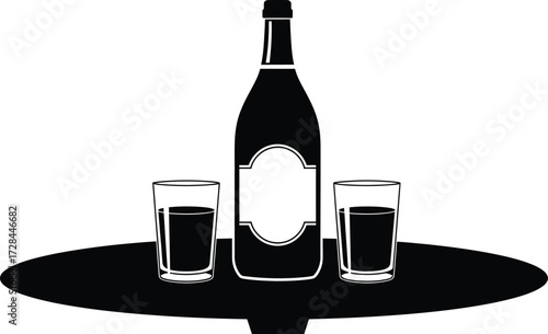 Bottle of liquor and two glasses on a table isolated on white background black and white vector illustration