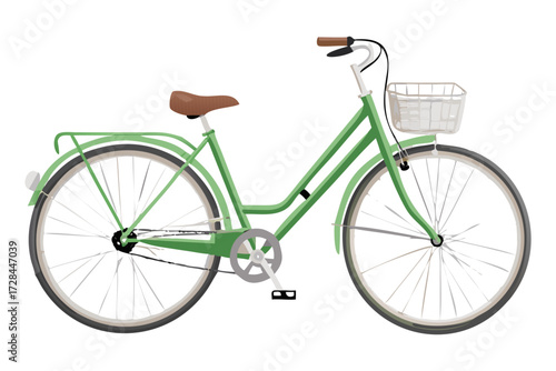 Green bike with basket on a sidewalk. Vintage Style City Bicycle with Basket – Minimalist Green Commuter Bike PNG Illustration.
