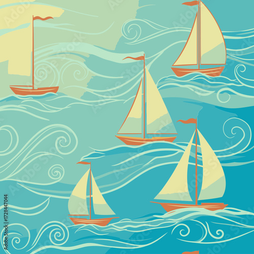 Sailing ships on a teal ocean with stylized waves. Nautical themed pattern, ideal for children's books or wallpaper. Design for a kids' bedroom or playroom. General public use.