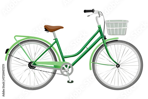 Green bike with basket on a sidewalk. Vintage Style City Bicycle with Basket – Minimalist Green Commuter Bike PNG Illustration.