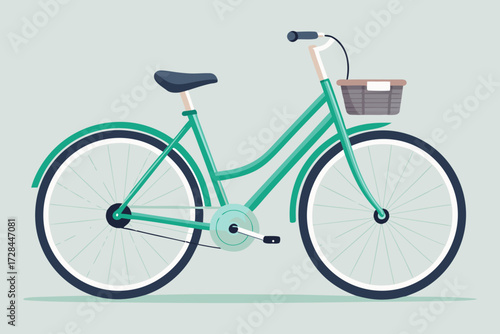 Green bike with basket on a sidewalk. Vintage Style City Bicycle with Basket – Minimalist Green Commuter Bike PNG Illustration.