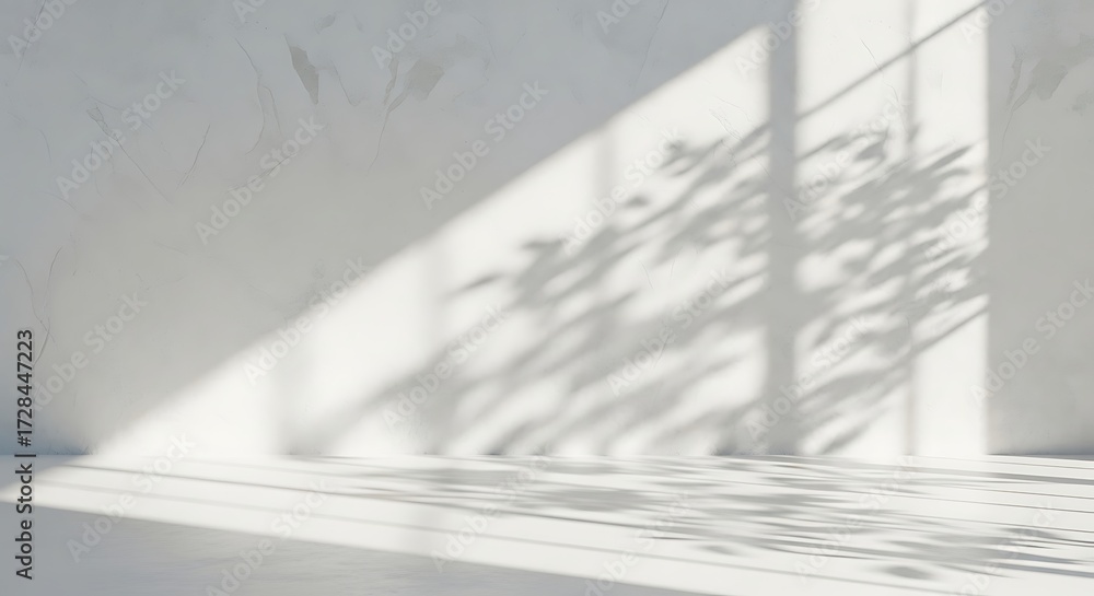 Obraz premium Bright, minimalist interior scene with strong sunlight casting tree leaf shadows on a white wall and floor