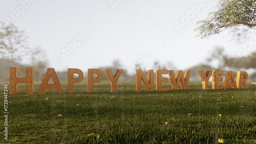 Happy New Year Greetings in 3D Letters on Grassy Field