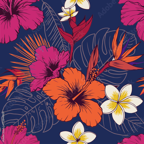 Vibrant tropical flower and leaf pattern design for textile or fashion. Bold hibiscus, plumeria, and exotic bird-of-paradise flowers on dark background with detailed leaves.