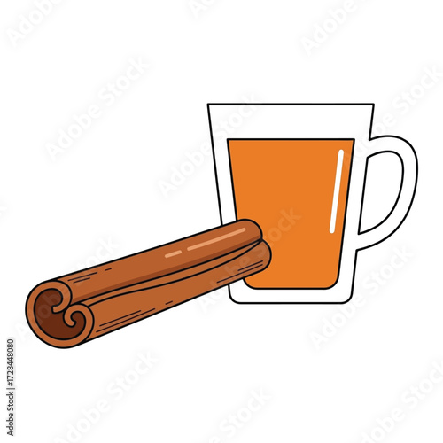 A warm beverage in a clear glass mug with a cinnamon stick resting beside it.