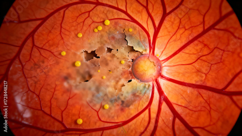 A detailed, abstract representation of age-related macular degeneration (AMD), with emphasis on the macula.
