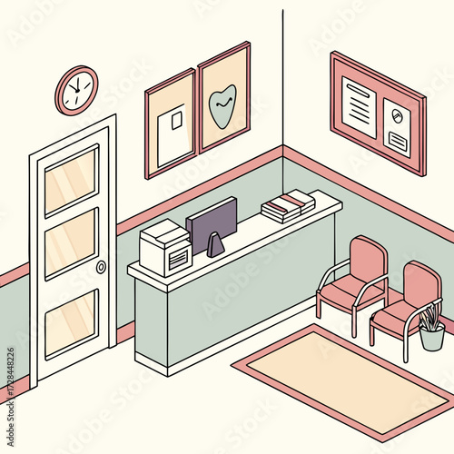 Isometric dental clinic waiting room with reception desk and seating area